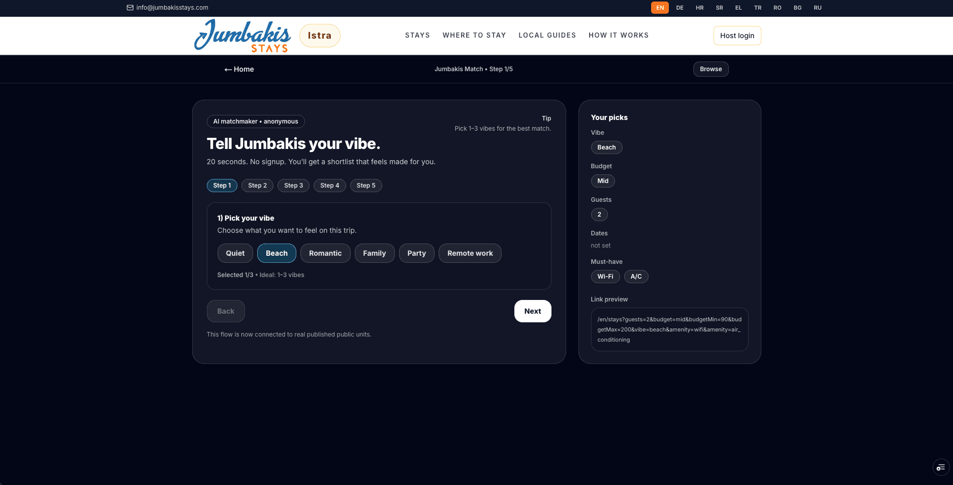 Jumbakis AI Match workflow za izbor odgovarajućeg smeštaja