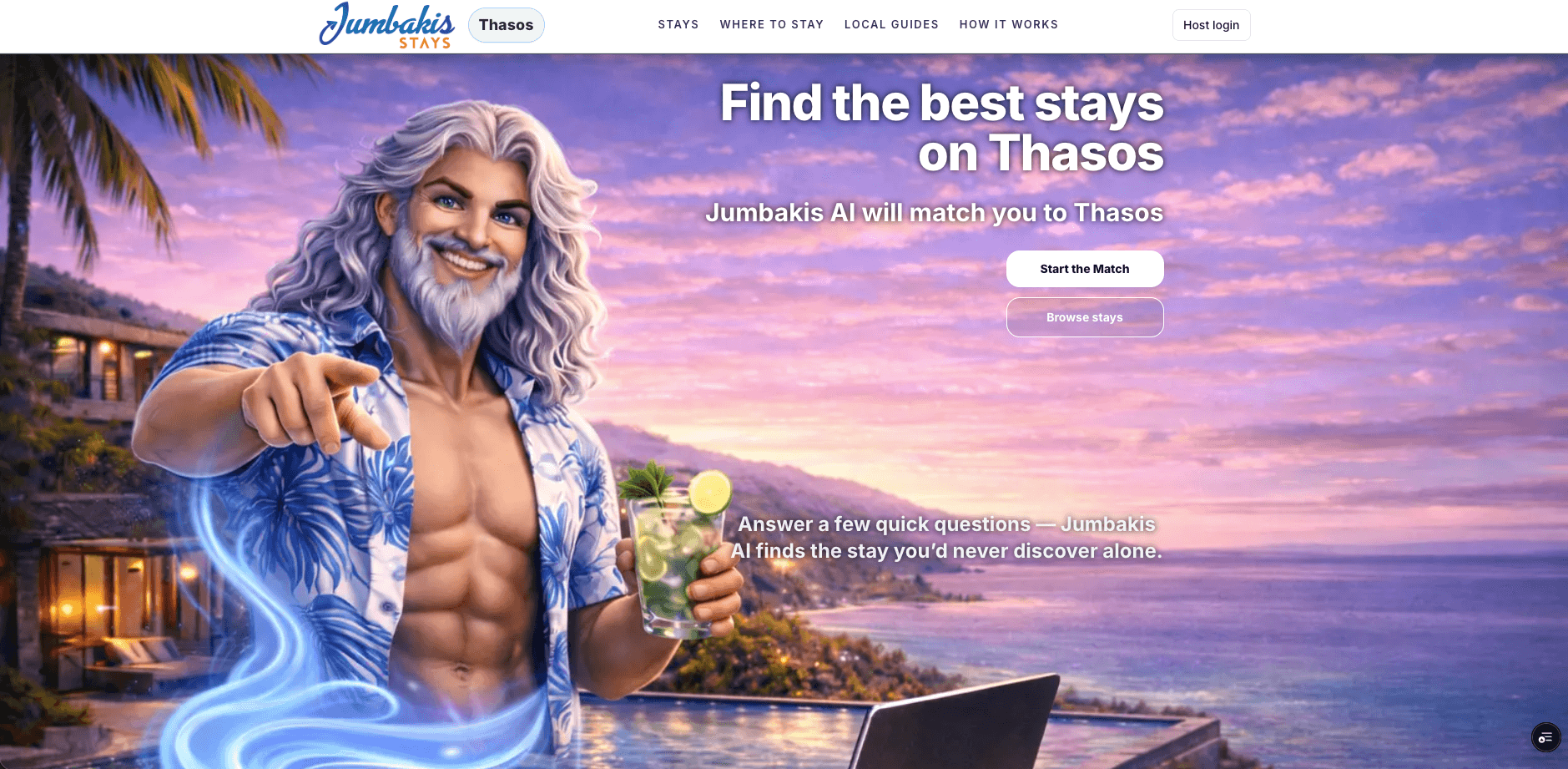 Jumbakis Stays početni ekran za Thasos sa AI matching ulazom