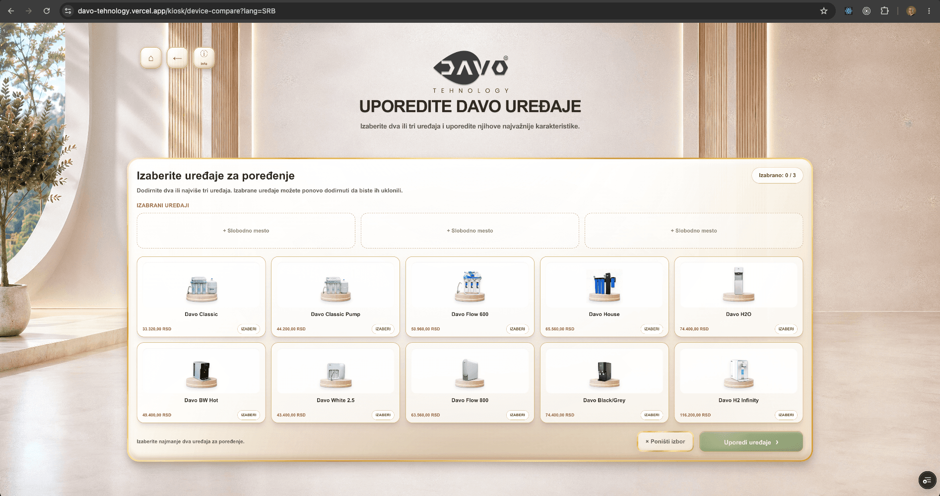 DAVO ekran za izbor i poređenje uređaja
