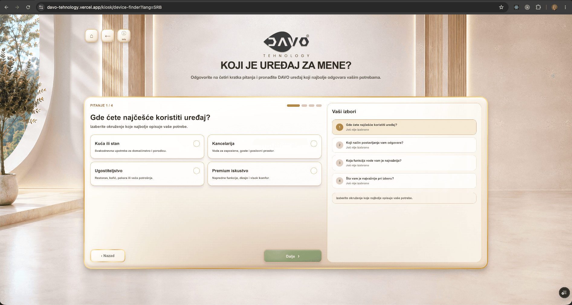 DAVO Device Finder koji vodi korisnika kroz pitanja do odgovarajućeg uređaja