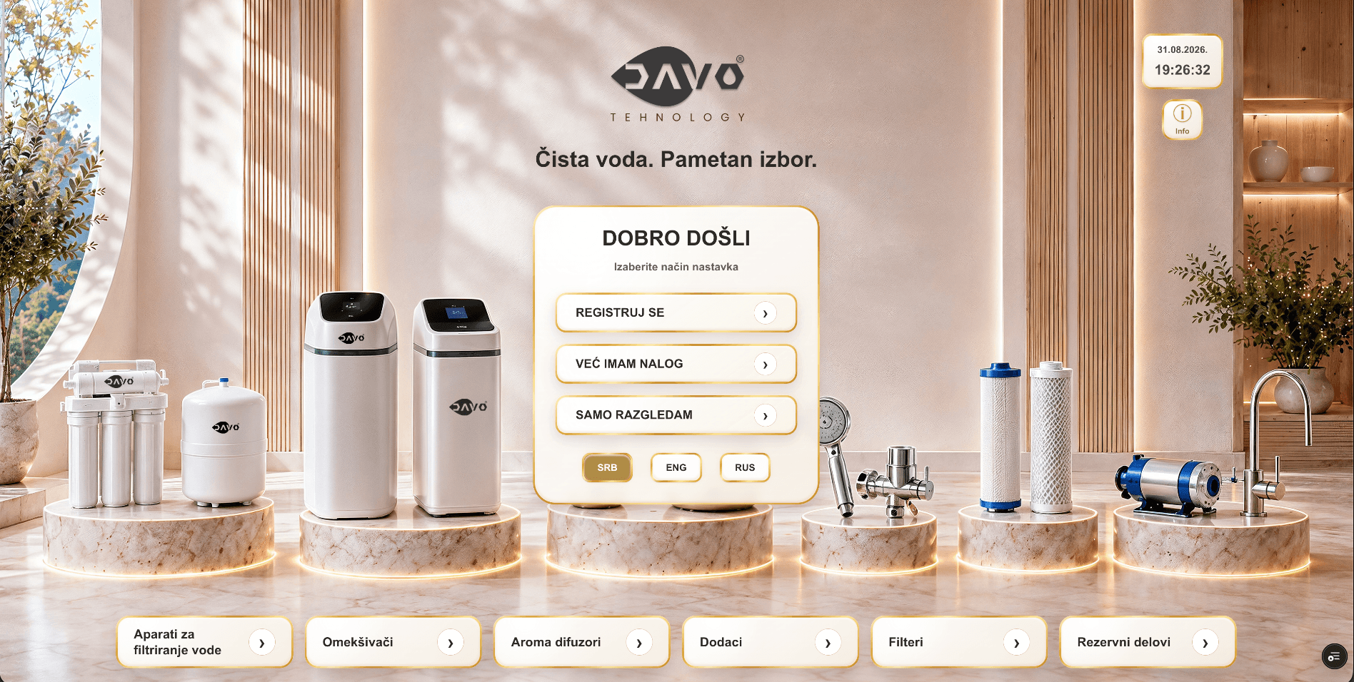 Početni DAVO kiosk ekran sa opcijama za registraciju, prijavu i razgledanje