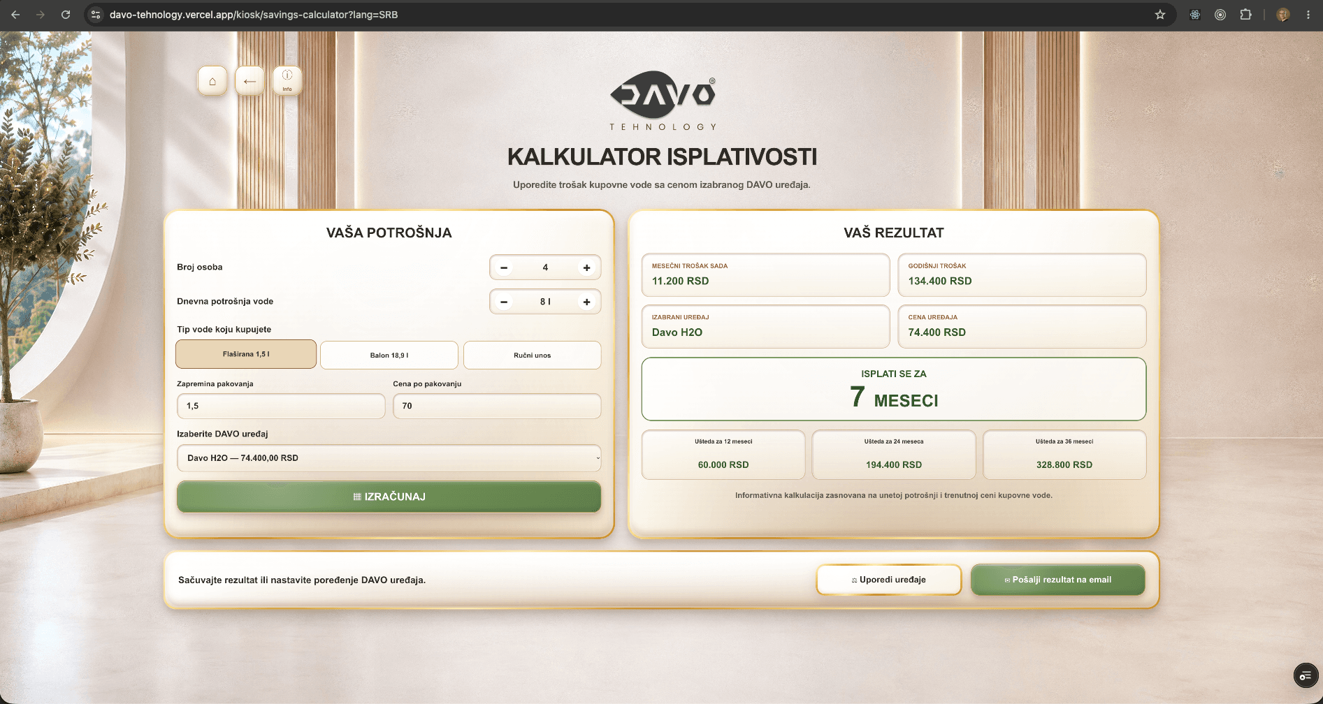 DAVO kalkulator isplativosti sa izračunatim periodom povrata i projekcijom uštede